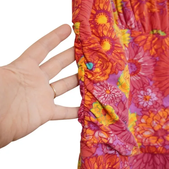 Garnet Hill Medium Midi Dress Pink Orange Floral Sleeveless Faux‎ Wrap Ruched - Image 5