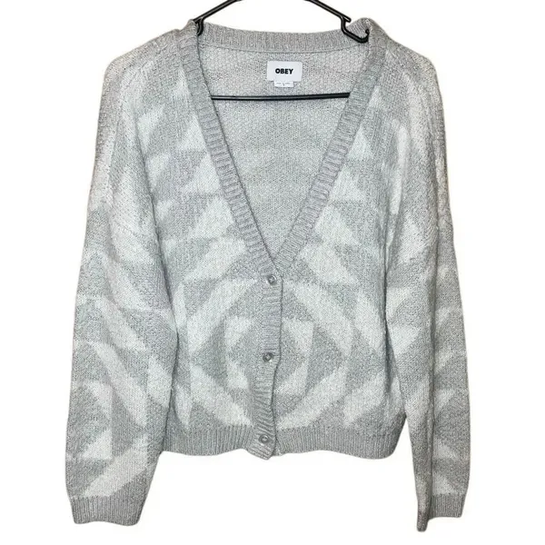 Obey grey & white v-neck triangle patterned cardigan sweater Small academia #749 - Image 3
