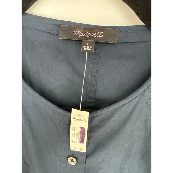 Madewell Sculptural-Sleeve Pleated Mini Dress Navy Cotton Button Front Size 2 - Image 5