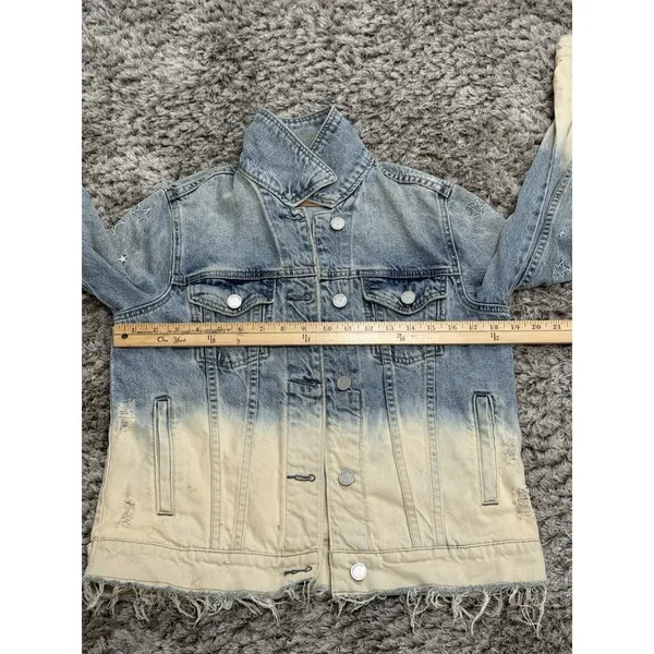BLANKNYC Denim Jacket Ombre Dip Dye Star Embroidered Distressed Trucker Size XS - Image 13