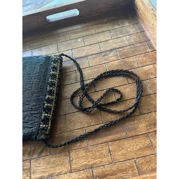 Vintage Beaded Evening Clutch Bag Black Gold Geometric Crossbody Formal PurseGUC - Image 10