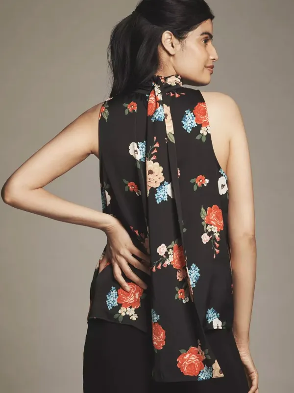 By Anthropologie Lace-Trim Silky Halter Tank Top Floral Scarf Size Medium New - Image 2