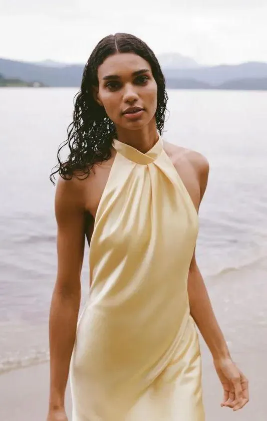 Zara butter Yellow Backless Halter maxi Dress holiday evening wedding - Image 20