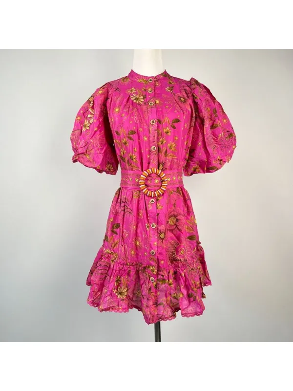 NWT Farm Rio x Anthropologie Beaded Belt Puff Sleeve Pink Mini Dress Sz SP - Image 4