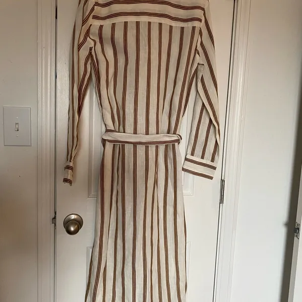 ZARA boho cream tan striped linen buttoned belted collared shirt midi dress XS - Image 3