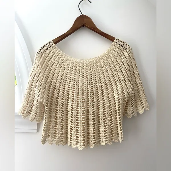 Vintage Crochet Open Knit Cardigan Sweater Medium Cream Ivory Button Up Handknit - Image 7