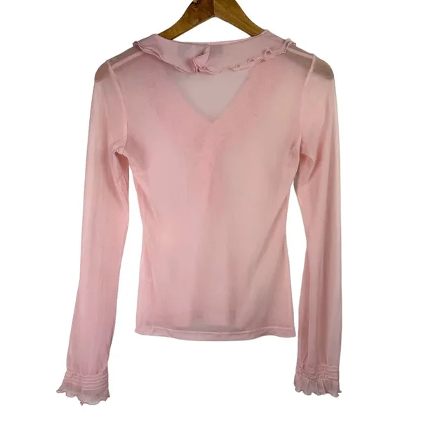 Vtg Y2K Pink Sheer Ruffle Neck Top Sz XS - Image 2