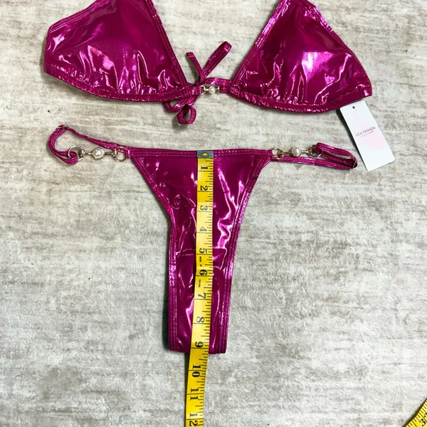 New Fashion Women’s Large Hot Pink Metallic Bikini Swimsuit Thong Rave Festival - Image 3