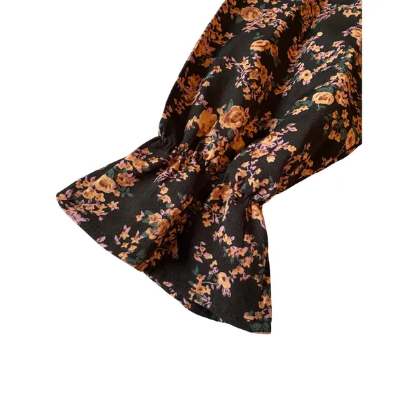 Floral Smocked Mock Neck Long Sleeve Mini Dress Black Brown Orange Medium Boho - Image 4