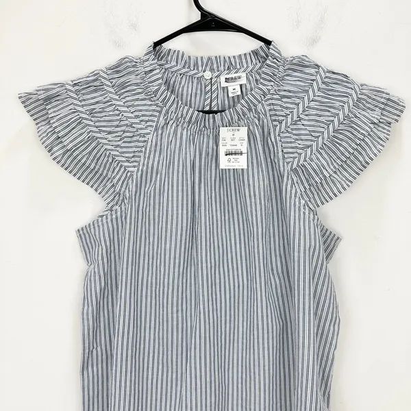 J.Crew Striped Flutter Sleeve Top Blouse Cotton White Blue Preppy Medium NWT - Image 4