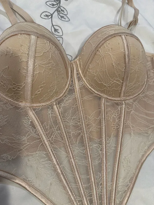 Kaylee Kollection Lacing Mesh Corset Bustier Tan Size L - Image 4