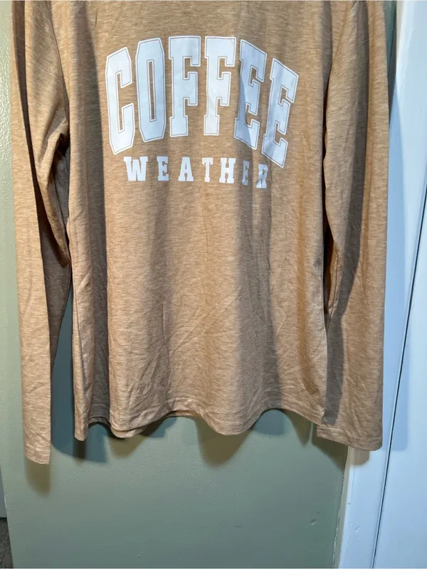 Women’s Size Small Long Sleeve T-Shirt Beige Tan White Coffee Weather Crewneck - Image 3