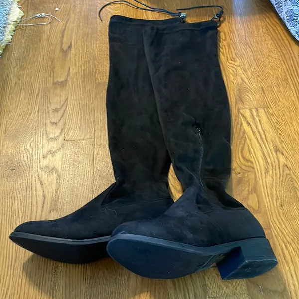 Nature Breeze Black Faux Suede Over‎ The Knee Boots Low Block Heel Drawstring Size 7 - Image 2