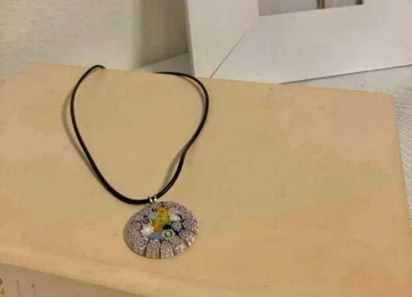 Millefiori Glass Charm Pendant Necklace Vintage “Dahlia” Leather Strand Italian Classi - Image 9