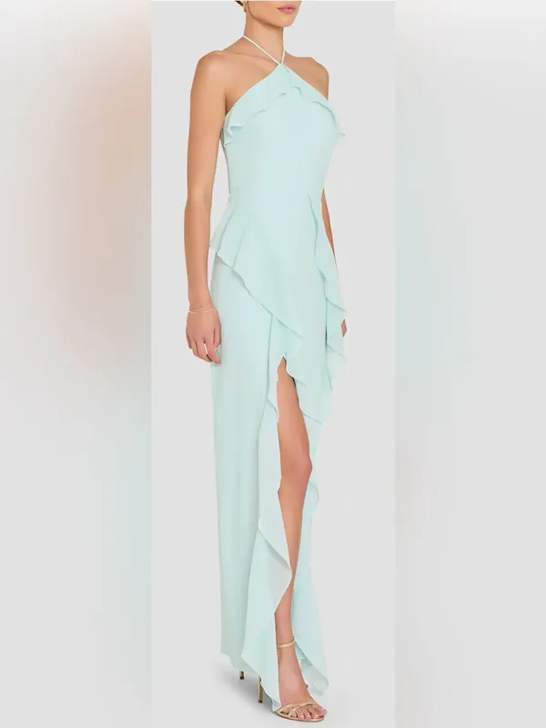 NEW Amanda Uprichard Alessandra Halter Neck Ruffle Trim Gown Sz L - Image 3