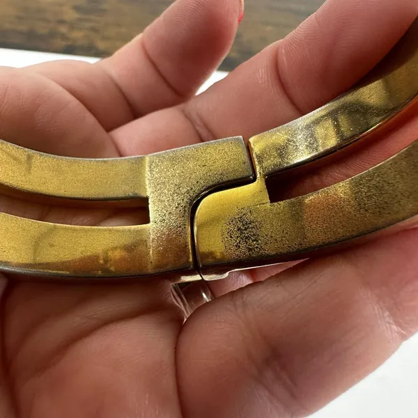 Loewe Gold Tone Black Leather Hinged Bangle Cuff Bracelet 7in Logo Designer - Image 11