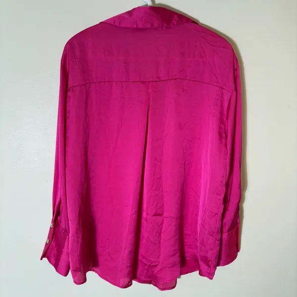 Zara Button Down Shirt Size Small Fuchsia Pink Satin Long Sleeve Blouse - Image 7