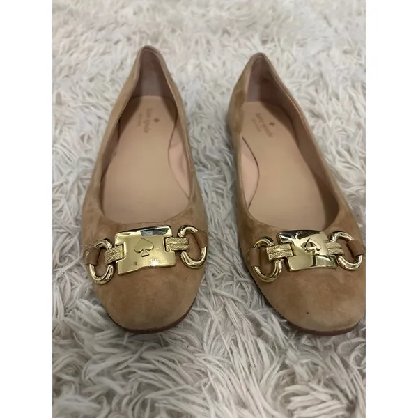 Kate‎ Spade Phoebe Suede Ballet Flats Gold Buckle Women Size 8 Tan Loafers - Image 2
