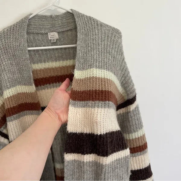 A NEW DAY Striped Open Front Cardigan Gray Cream Tan Brown Long Heavy Sweater M - Image 7