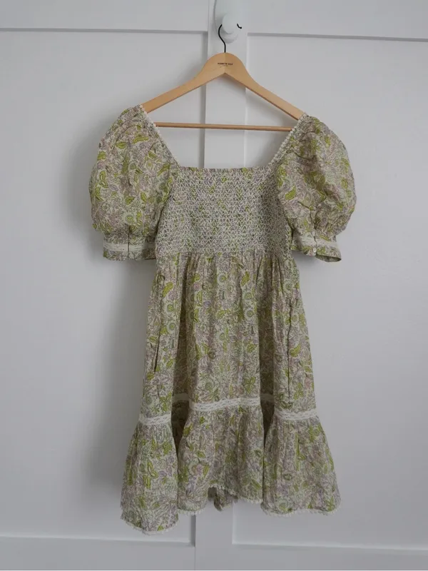 Anthropologie Love The Label Green Floral Puff Sleeve Mini Dress - Image 3