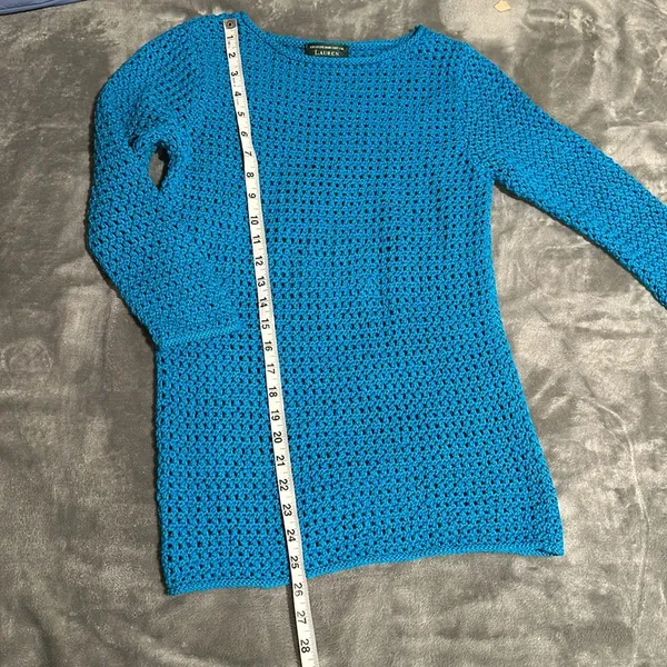 Lauren Ralph Lauren Medium Cobalt Blue Open Stitch Hand Knit Cotton Sweater - Image 4
