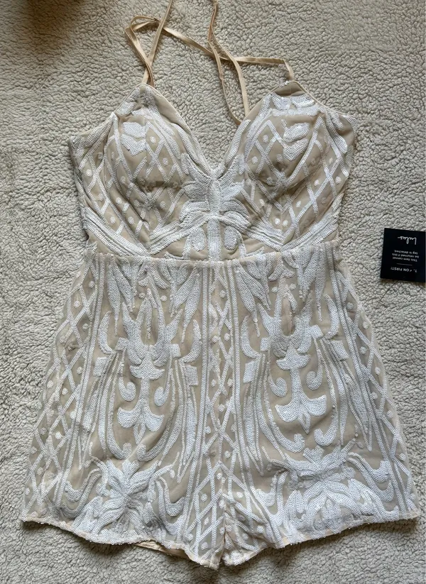 Lulus White Sequin Romper Nude Lining Size L NWT Bridal Party Bachelorette - Image 3