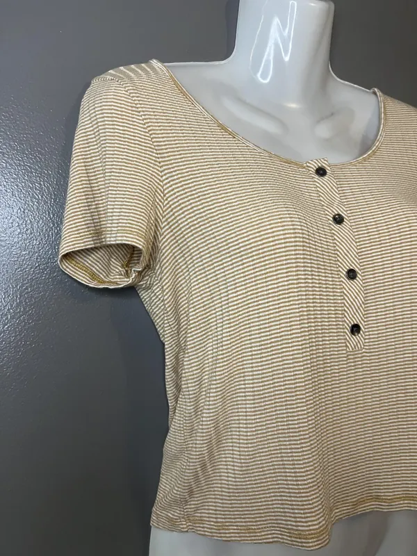American Eagle Outfitters Shirt Womens Small Beige Stripe Button Front Cropped - Image 2