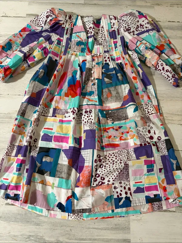 HUNTER BELL Tuckernuck Jenkins Mini Dress Patchwork Print Cotton Puff Sleeve - Image 6