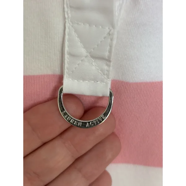 Y2K Lauren Active Ralph Lauren Pink White Stripe Polo Crest Preppy Golf L - Image 6