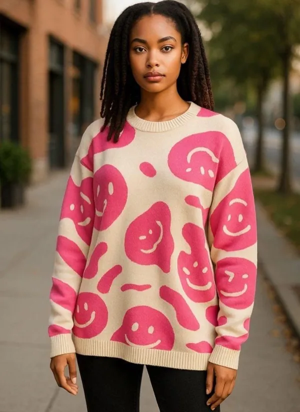 Moon & Madison Y2K Sweater Ivory with Pink Smiley Faces Oversized Soft Cozy XL - Image 2