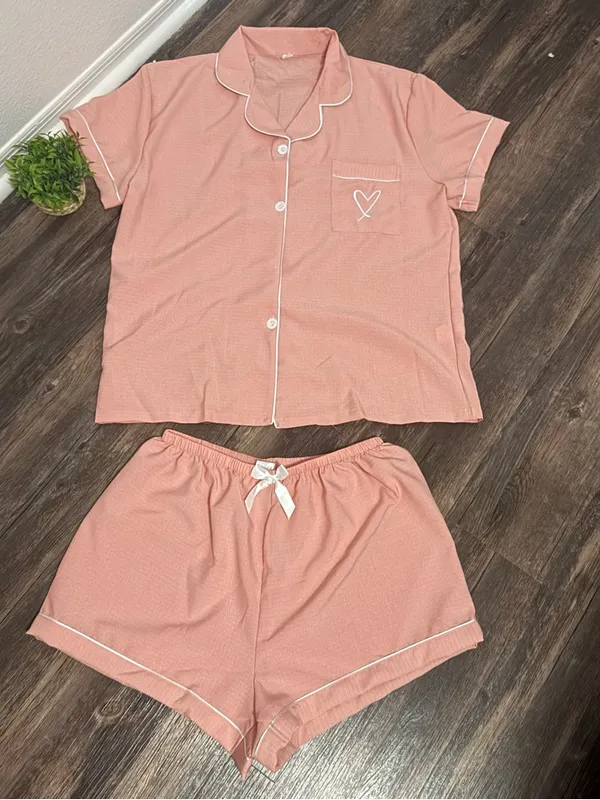 SHEIN Pink Short Sleeve Pajama Set with White Piping - Image 3