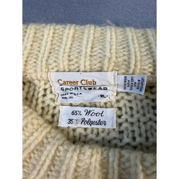 Vintage Career Club Sportswear Cream Wool Blend Chunky Knit Sweater XL USA Made - Image 3