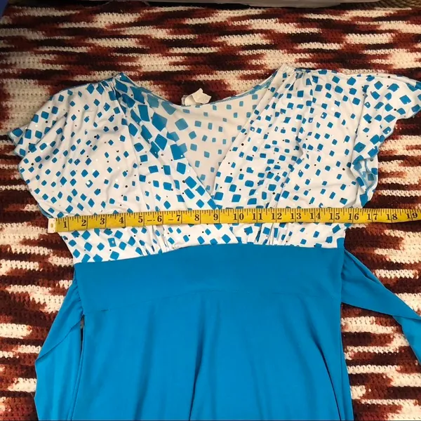 Vintage 90s USA Pinup Rockabilly Babydoll Coquette Blue white polka dot mini dress V-neck tie belted short sleeve #celestial #fairycore #mermaid Measurement in pics - Image 4