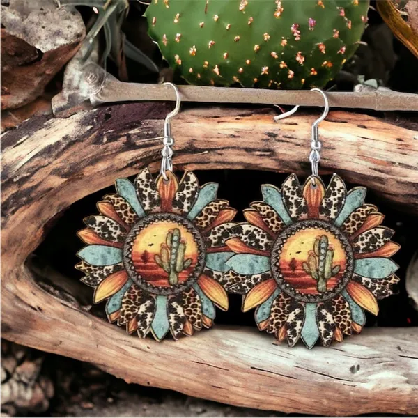 Sunflower shaped pendant drop‎ leopard pattern wooden hook earrings - Image 3