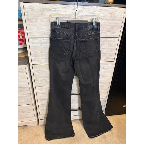Express 70s Flare Mid Rise Distressed Black Jeans Size 6L Long - Image 4