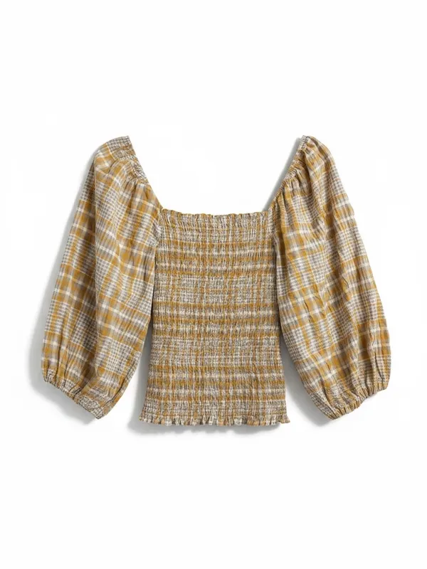Maeve Anthropologie Plaid Square Neck Blouse Small Mustard NWT Puff Sleeve - Image 5