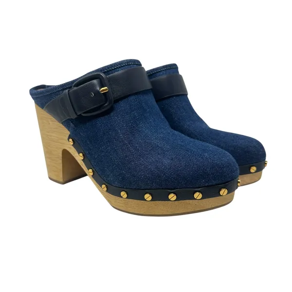 Veronica Beard Dacey Denim Clogs Heels Studded Buckle Wood Blue‎ Size 9.5 - Image 7