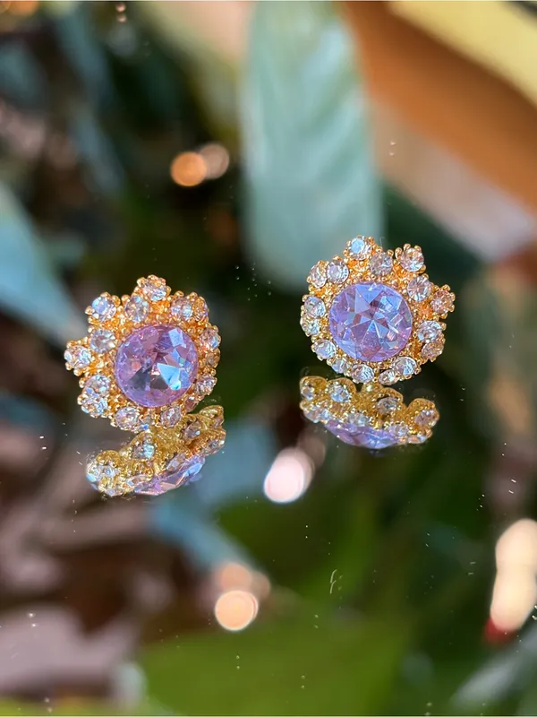 New S925 Silver Post Purple Round Crystal Sunflower Stud Earrings - Image 3