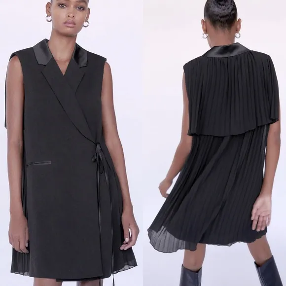 Zara COMBINED PLEATED WRAP BLAZER DRESS BLACK NEW - Image 2
