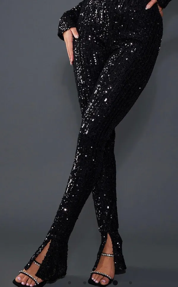 Pretty Little Thing Black Sequin High Neck Flared Hem Jumpsuit - Image 6