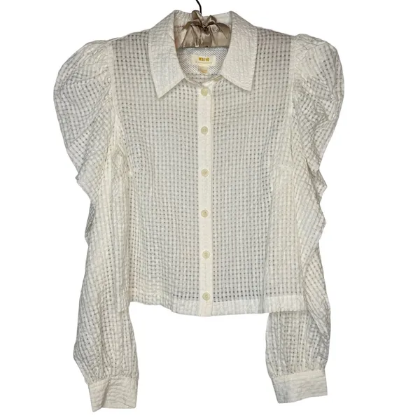 Maeve Anthropologie M White Gingham Seersucker Button-Front Long Puff Sleeve - Image 8
