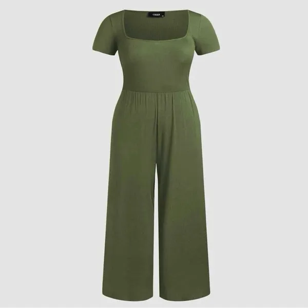 Cider Jumpsuit Square Scoop‎ Neck Wide Leg Short Sleeve Olive Green 0XL 12 14 - Image 14
