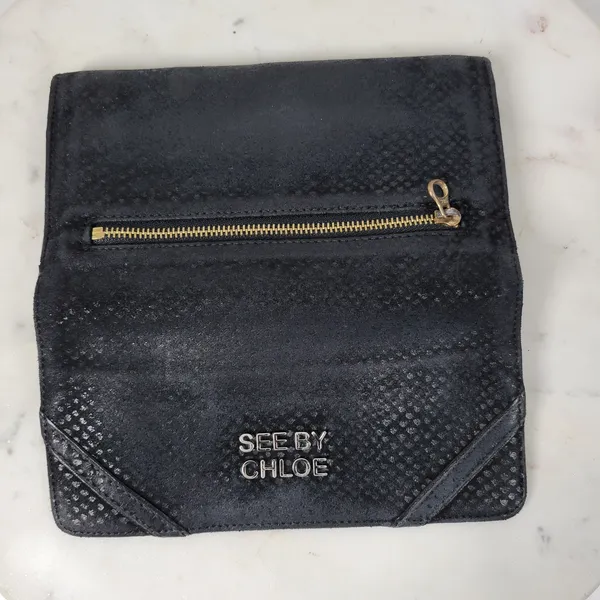 See By Chloe Checkbook Wallet 7.25" Black Soft Embossed Leather Bi-Fold Clutch - Image 8