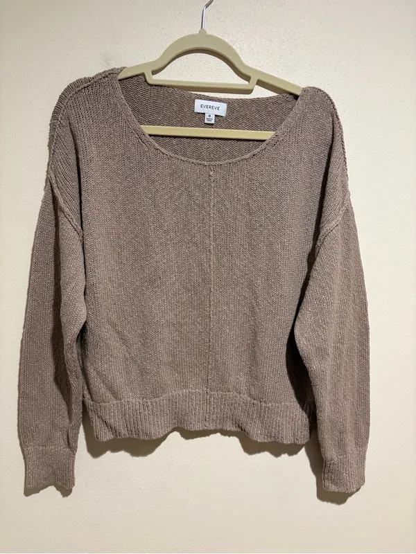 Evereve Naia Off Shoulder Pullover Sweater Slouchy Reverse Seams Taupe Medium - Image 3