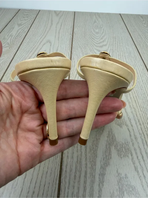 Schutz Women's Amarilis Stiletto Heel Leather Sandals 7B Natural & Gold $178 - Image 5
