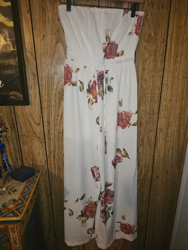 Hello Molly White Strapless Floral Wide-Leg Jumpsuit with Pink Roses - Image 4