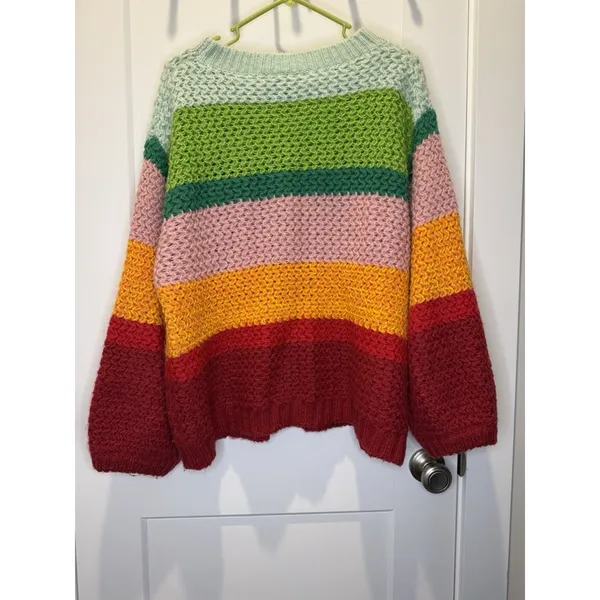 FARM Rio Women’s S Multicolor Rainbow Stripe Open Knit Crewneck Sweater Wool - Image 5