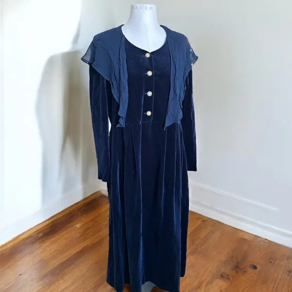 Vintage 80s Laura Ashley Blue Velour Maxi Dress Womens 12 Romantic Cottagecore - Image 3