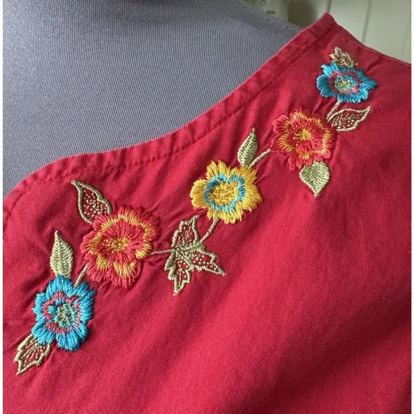 Vtg Go Softly Patio Dress XL Red Embroidered Muumuu Hippie Chic Boho Oriental - Image 8