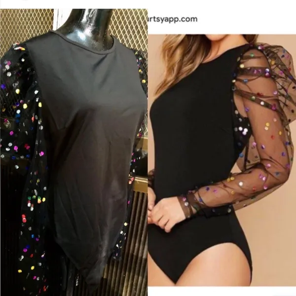 - New puff sleeves statement top sheer sleeves polka dot print bodysuit L - Image 2